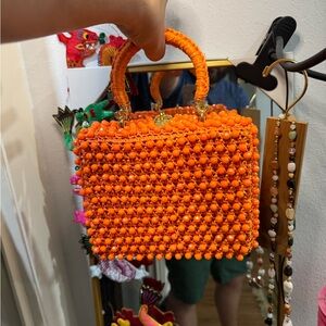 Vintage 1950’s Handmade Raffia Top Handle Box Bag in Orange